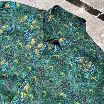 Men's Clothing with a Light Luxury and High-End Feel, Trendy Men's Long-Sleeved Shirts, Printed Peacock Feather Shirts, Light Luxury and Stylish Men's Clothing