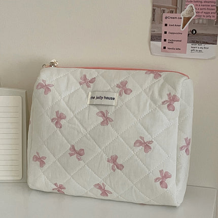Blue Powder Satin Bow Makeup Bag Wash Bag Student Pink Sweet Portable Large Capacity Quilted Storage Bag