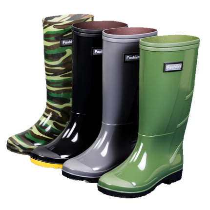 Men's Labor Protection Boots Gray High Rain Boots Green Rubber Shoes Construction Site Protective Men's Water Shoes Outdoor Camouflage Camping Style Water Boots