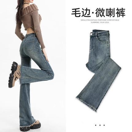 Vintage Fur-Edge Micro-Lam Jeans Women's Trendy All-Match New High-Waist Slim-Fit Stretch Horseshoe Trousers