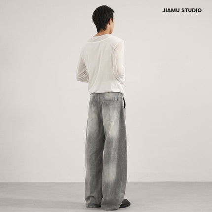 Jiamu Gray American High Street Baggy Jeans Unisex Wide-Leg Jeans for Men and Women Loose Silhouette Banana Pants