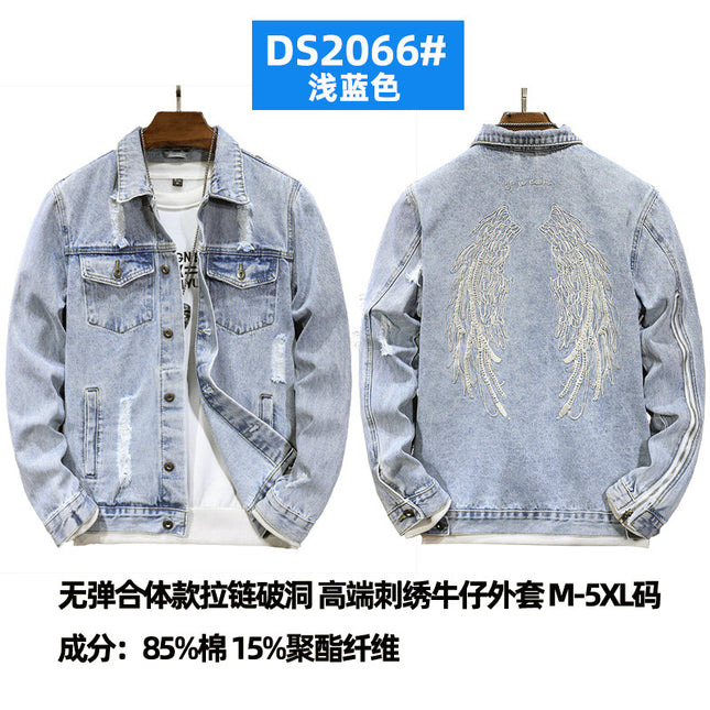 2025 New Autum Trendy Brand Motorcycle Jacket Tops Light Retro Wings Embroidered Ripped Denim Jacket for Men