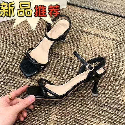 2025 New Summer Style Thin Strap Square Toe Sandals, Versatile High Heels, Western Style Korean Style with Skirt, Light Luxury Women's Shoes