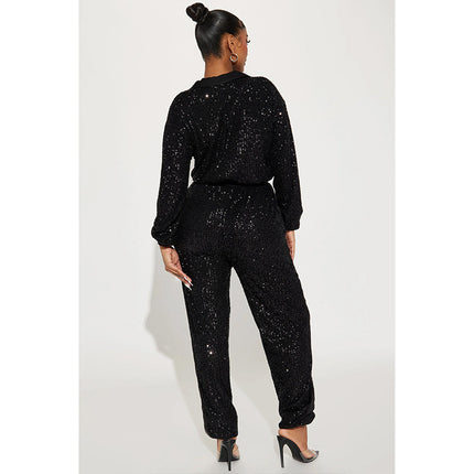 European and American autumn and winter new women's cross-border sequin jumpsuit sequined sexy deep V-neck jumpsuit