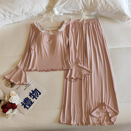 Women's Pajamas with Chest Pad Spring 2025 New Long Sleeve French Style Sexy Lace Modal Cotton Home Clothes suit
