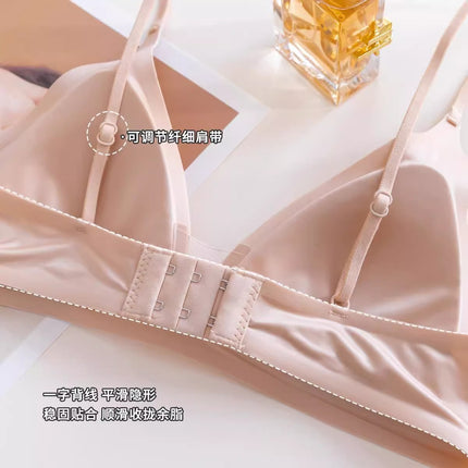 Japanese-Style Milk Satin Seamless Small Chest Bra for Women, French Deep V-Neck Thin Strap Wireless Bra for Summer