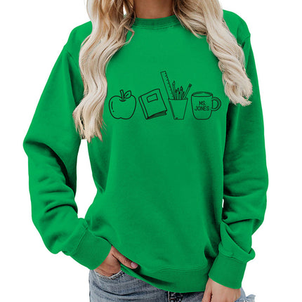Apple Books Tea Cup Pencil Printing Crewneck Women's Top Sweatshirt Foreign Trade Supply Autumn and Winter Coat Casual Loose