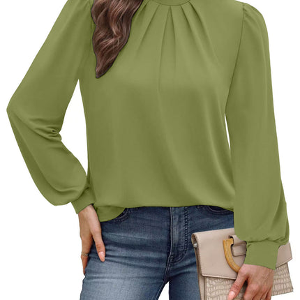 European and American Amazon Cross-Border Autumn and Winter New Long-Sleeved Shirt Small Stand-Up Collar Pleated Front Shirt Casual T-Shirt Top for Women