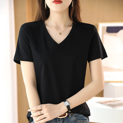 Pure 80-Count Double-Sided Mercerized Cotton Short-Sleeved T-Shirt Women's Cotton Loose 2023 Age-Reducing Short Black Technology White T-Shirt Trendy