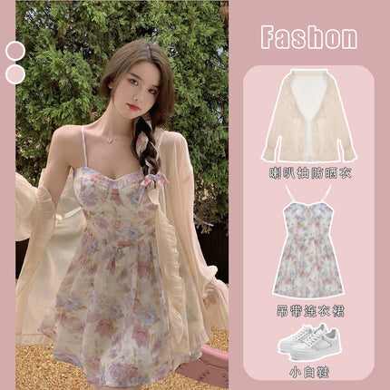 Plus size women's clothing fresh super fairy floral strap dress spring and summer waist-tight short skirt sun protection clothing two-piece suit