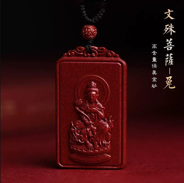 Natural raw ore cinnabar double-sided Buddha pendant twelve Zodiac men's and women's necklace portable pendant Manshu Bodhisattva