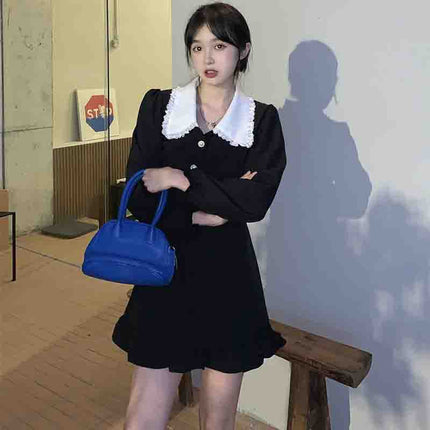 French Retro Black Long-Sleeved Dress for Women Spring & Fall 2025 New Style Sweet Waist-Cinching Doll Collar Short Skirt