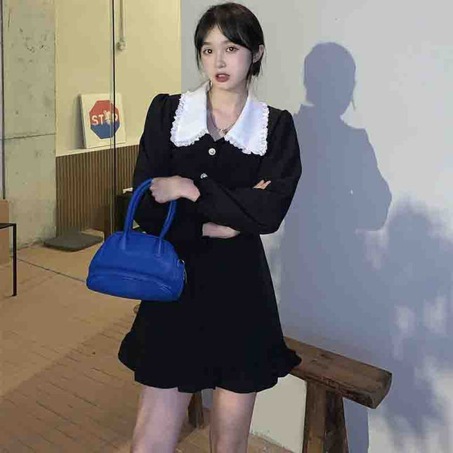 French Retro Black Long-Sleeved Dress for Women Spring & Fall 2025 New Style Sweet Waist-Cinching Doll Collar Short Skirt