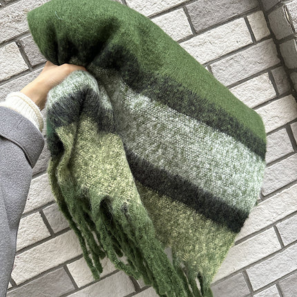 Infinite Forest Green ~ dark blue light blue * green striped tassel scarf Korean style versatile retro scarf for women autumn and winter