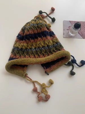 Colorful woven wool hat women's Korean-style all-match fashionable toe cap hollow earmuffs tassel ball knitted hat