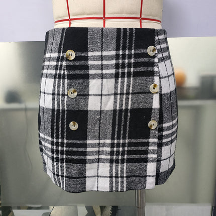 Amazon Cross-Border Women's Plaid Tight Mini Hip-Hugging Short Skirt 2025 Button Autumn and Winter Skirt Retro