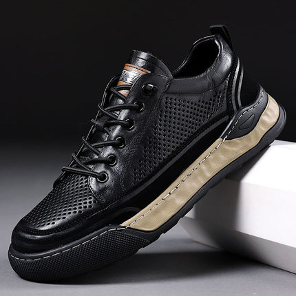 Men's Board Shoes Casual Leather Shoes Men's Summer Hollow Breathable Leather Sandals Real Cowhide sneaker Youth Shoes Black