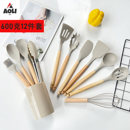 Wholesale Wooden Handle Silicone Kitchenware 12 Pieces suit Household Non-Stick Cooking High Temperature Resistant Cooking Silicone Spoon suit