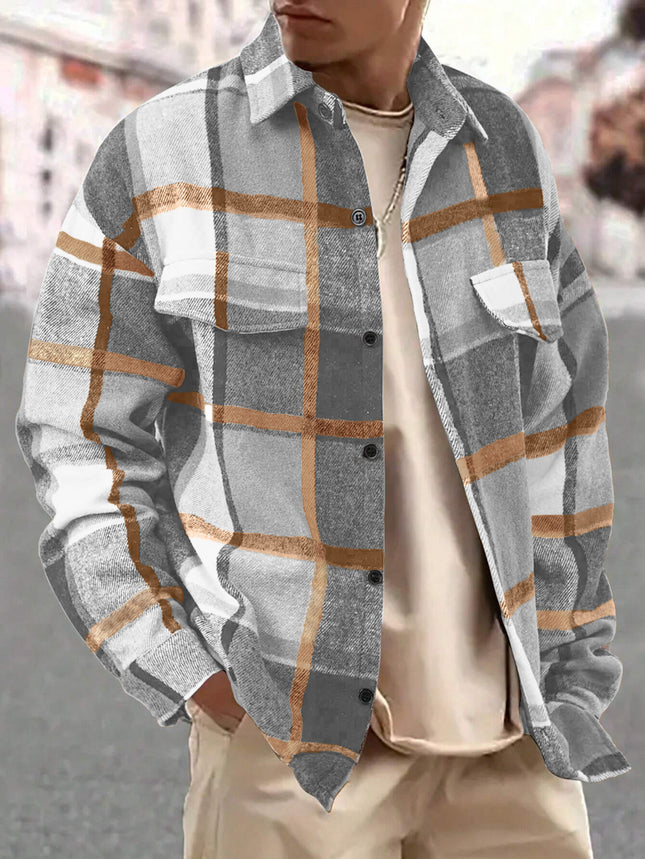 25 Amazon European and American Cross-Border Temu Elegant Lapel Checkered Men's Shirt Retro Brushed Casual Long-Sleeved Jacket