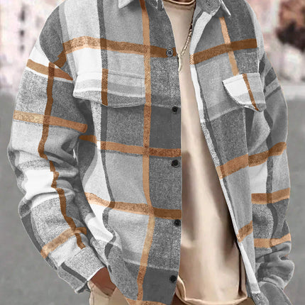 25 Amazon European and American Cross-Border Temu Elegant Lapel Checkered Men's Shirt Retro Brushed Casual Long-Sleeved Jacket