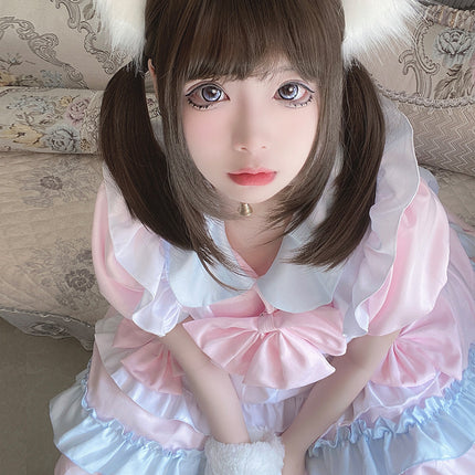 Japanese Lolita Maid Cosplay Pink Loli Maid Uniform Bow Short-Sleeve Dress