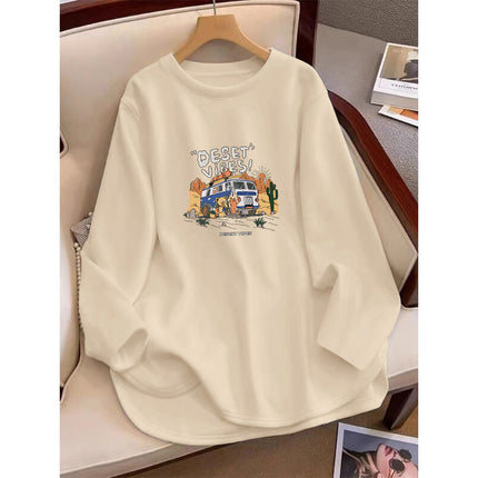 Shark Pants Matching Top Cotton Mid-length Hip Covering White Long Sleeve T-shirt Women's Loose Sleeve Trendy Shirt