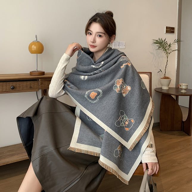 Cartoon Cute Cat Double-Sided Double-Wearing Imitation Cashmere Women's Winter Thickened Warm Neck Shawl Student Soft
