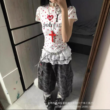 [40-Count Imitation Cotton Rib 1×1] American Retro Dog Paw All-Print T-Shirt Women's Summer Sexy Short Top