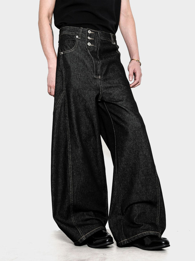 American Retro Loose Distressed Washed Black Wide-Leg Scimitar Pants Unisex Versatile Floor-Length Straight Denim Trousers Trendy