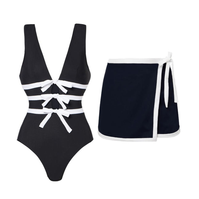2025 European and American Swimwear New V-neck Bow Hollow Black and White Swimsuit Beach suit Women's Cross-border 25296