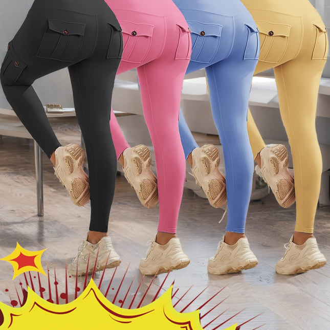 4Pcs High Waist Yoga Leggings with 4 Button Pockets,