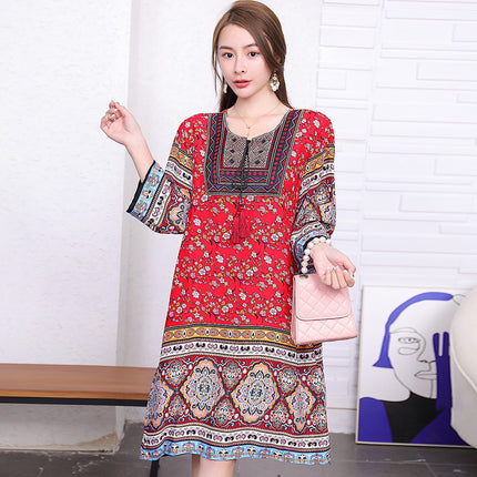 Extra Large Size Ethnic Style Round Neck Three-Quarter Sleeve Dress Loose Embroidered Flower Cotton Silk Travel Beach Skirt for Women