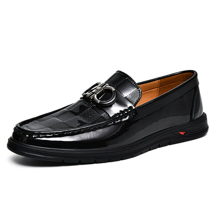 Amazon Large Size 47 Cowhide Loafers Men's Mirror Glossy Plaid Embossed British Casual Business Slip-On Leather Shoes