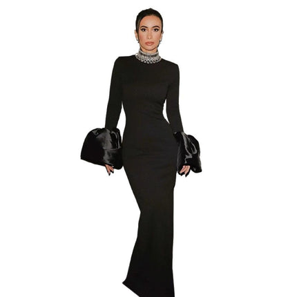 European and American New Bandage Women's Crewneck Long Sleeve Nail Drill Cuff Saded Bubble Sleeve Waist Bandage dress