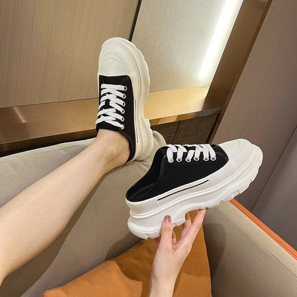 Canvas Shoes for Women 2025 New Spring and Summer White Platform Thick-Soled Half-Slip Versatile High-Top Dad Shoes Mcqueen