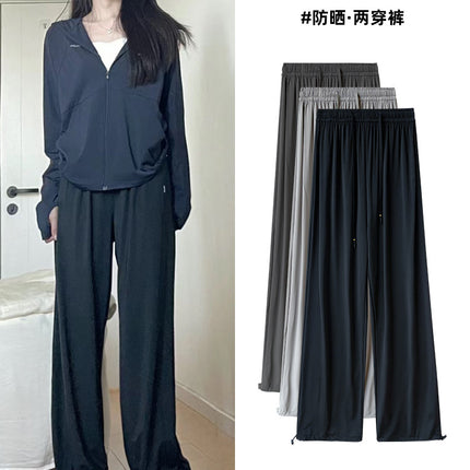 Ice Silk Sun Protection Pants for Women, Summer Thin Style 2026 New High-Waisted Slimming Cool Sports Pants, Casual Loose Wide-Leg Pants