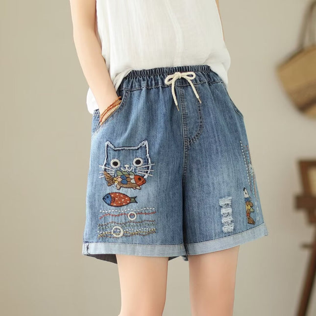 Denim Shorts Women's Summer Thin Vintage Embroidered Straight Pants with Holes Loose Tight Waist Large Size Slim-fit Hot Pants