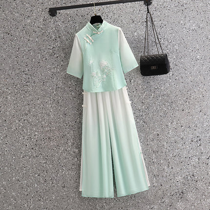 Vintage Chinese Top Set Large Size Chinese Style Seven-point Sleeve Cheongsam Peony Embroidered Gradient Pants Two-piece Set