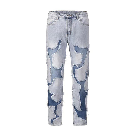 American Street Knife Cut Hole Patch Washed Straight Jeans Men's and Women's High Street Personalized Hip-Hop Loose Long Pants