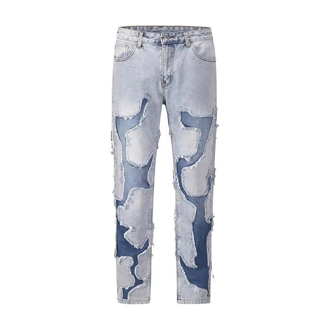 American Street Knife Cut Hole Patch Washed Straight Jeans Men's and Women's High Street Personalized Hip-Hop Loose Long Pants