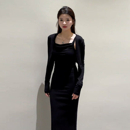Autumn New Pure Desire Lazy Style Sling Collar Sling dress Fashionable Elegant Slimming Long Sleeve Cardigan Two-piece Set