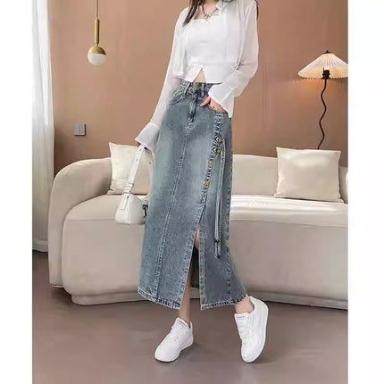 High Waist Split Denim Skirt Women's 2024 Trendy All-match Lightweight New Style Strap Design Sense New Chinese Style Long Skirt