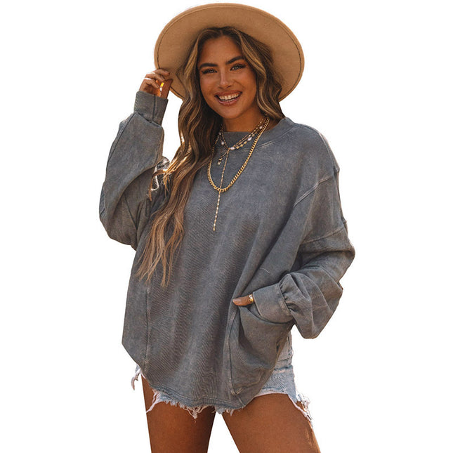 Trendy European and American Style Women's Sweatshirt, Brushed Autumn New Long-Sleeve Simple Ribbed Cuffs Loose Solid Color Women's Top