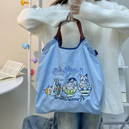 Japanese Style Cat Chai Dog Embroidered Eco-Friendly Cloth Bag Women's Large Capacity New Nylon Handbag Student's All-Match Shoulder Bag