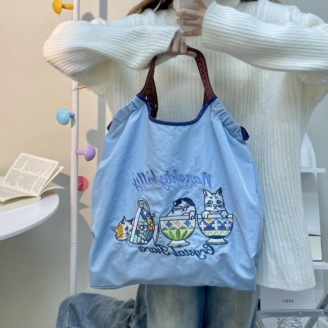 Japanese Style Cat Chai Dog Embroidered Eco-Friendly Cloth Bag Women's Large Capacity New Nylon Handbag Student's All-Match Shoulder Bag