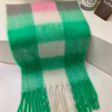 New Rainbow Plaid Tassel Scarf Women's Autumn and Winter European and American Cross-border Color-matching Cashmere and mohair Shawl Thickened Wai