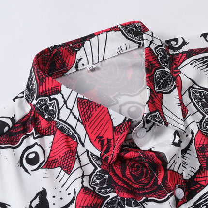Foreign Trade Men's Short-sleeved Shirt Red Rose White Cat Print Middle East Retro Summer 2025 New Cross-border