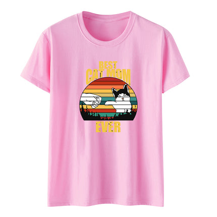 Amazon Summer Best Cat Mom even Mother's Day Fist Cat Letter Printed Casual Short-sleeved T-shirt Women