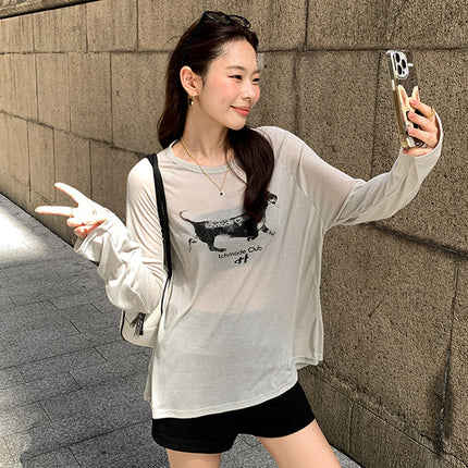 Lyocell Lazy Style Retro Dog Print Sun-Protective Long-Sleeve T-Shirt Summer Loose Versatile Top Blouse Versatile Top