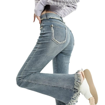 Burr-Edge Micro-Raise Jeans Women's Trendy All-Match New Explosive High-Waist Slim-Fit Horseshoe Trousers
